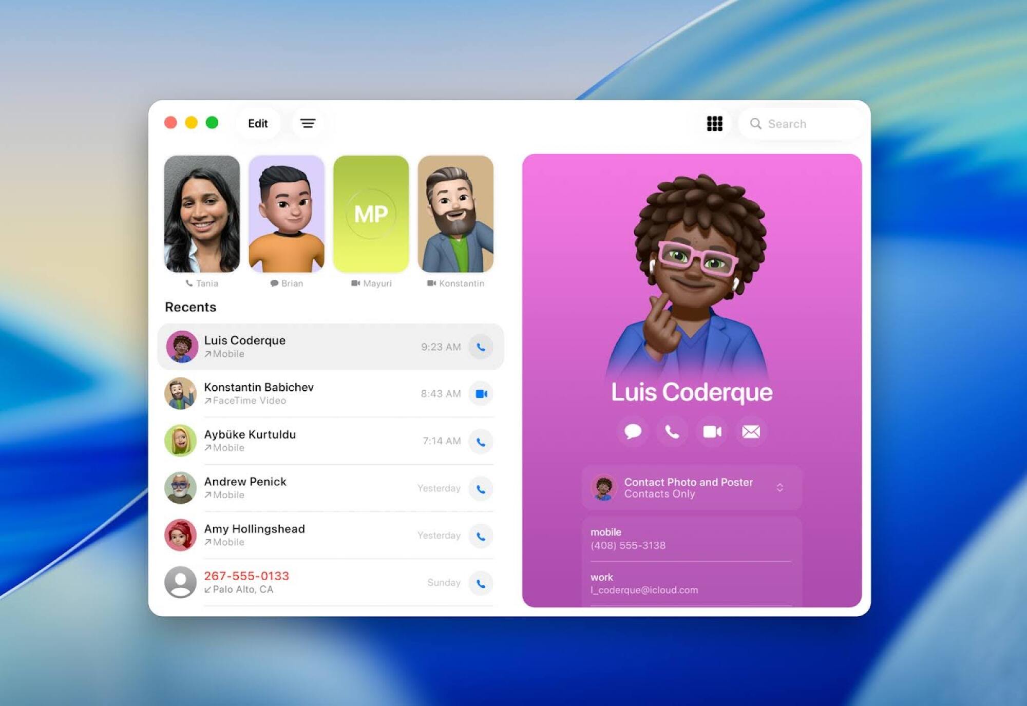 Kontak telepon pengguna ditampilkan di jendela di sistem operasi macOS baru Apple.