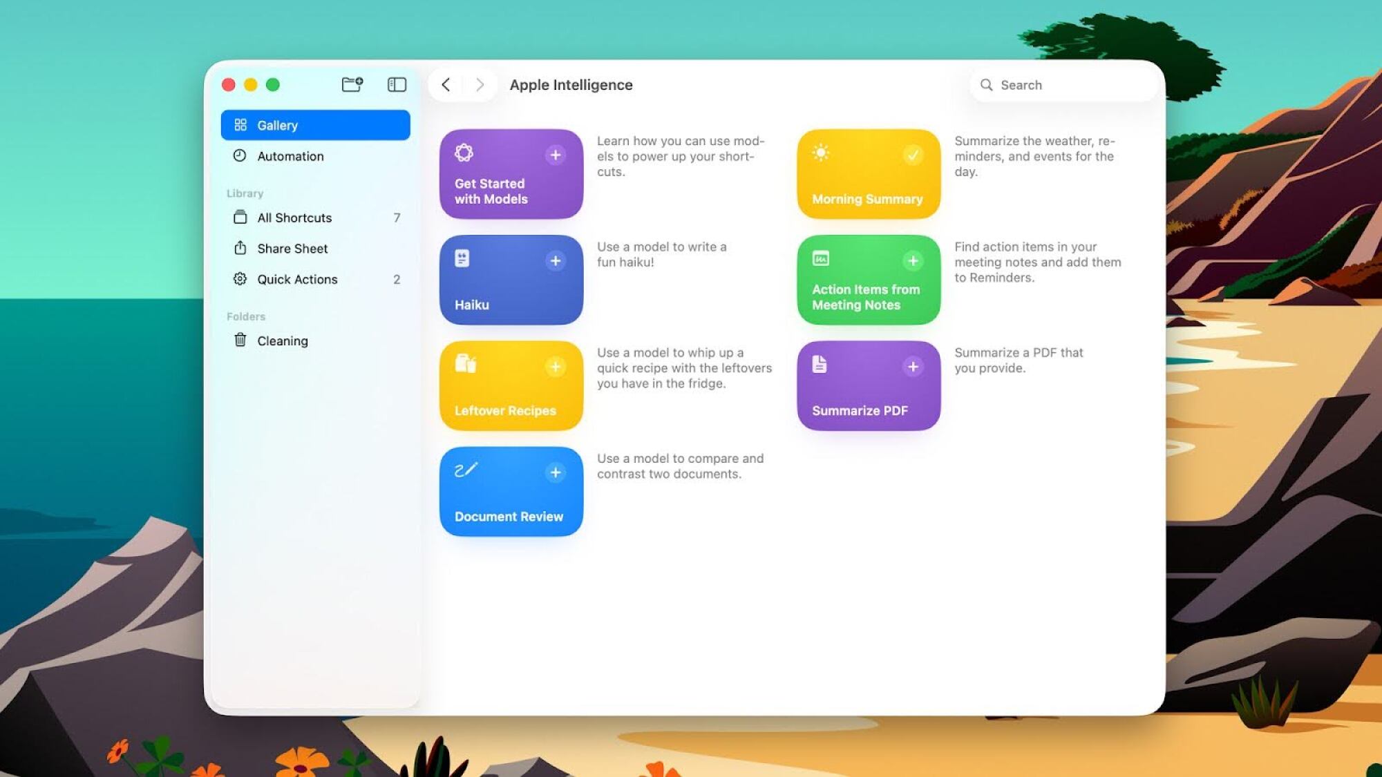 Tangkapan layar dari opsi intelijen Apple baru MacOS di jalan pintas, termasuk a 
