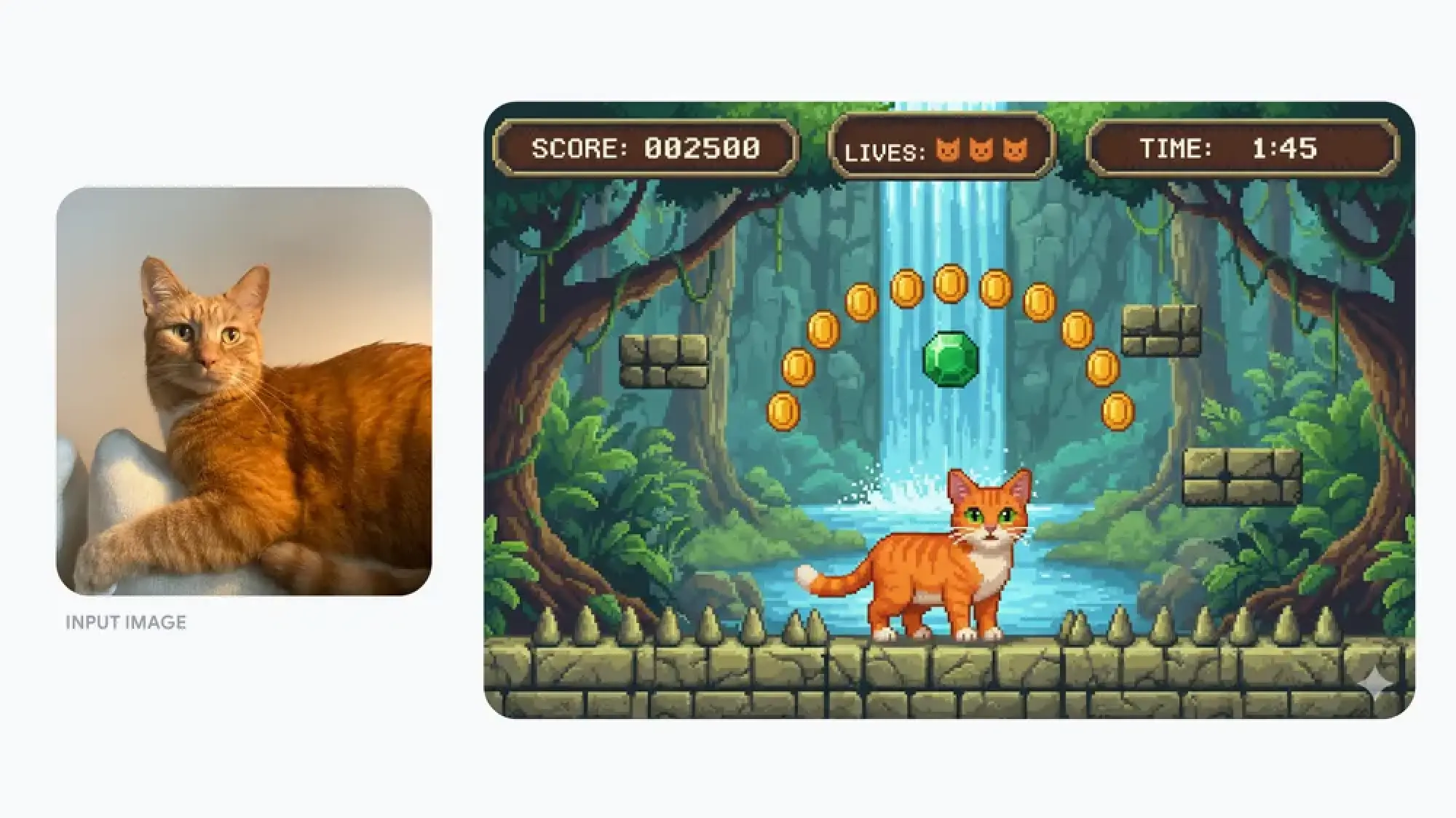 gambar kucing dalam kehidupan nyata dan sebagai karakter video game 16-bit