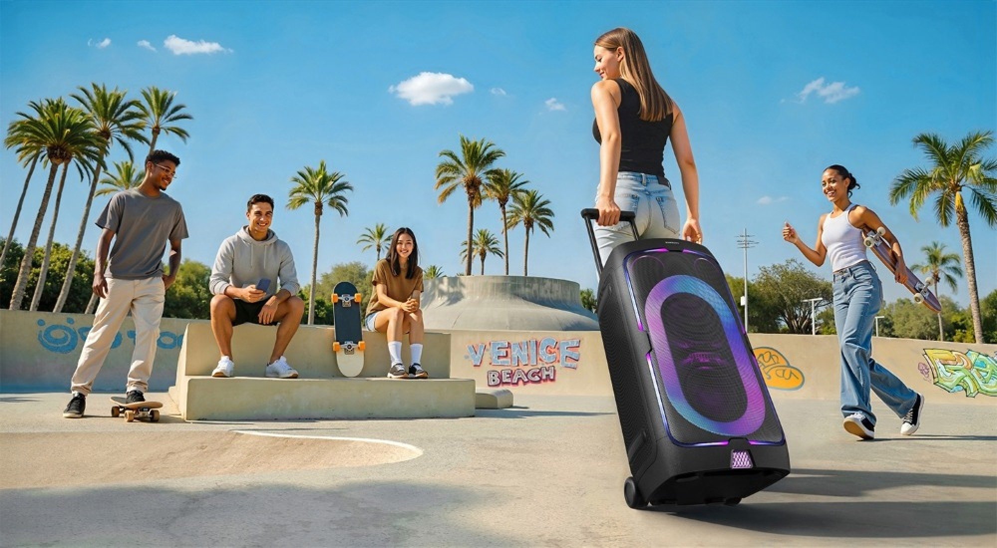 Seseorang menggulung menara suara Samsung ke taman skate ke arah orang lain.