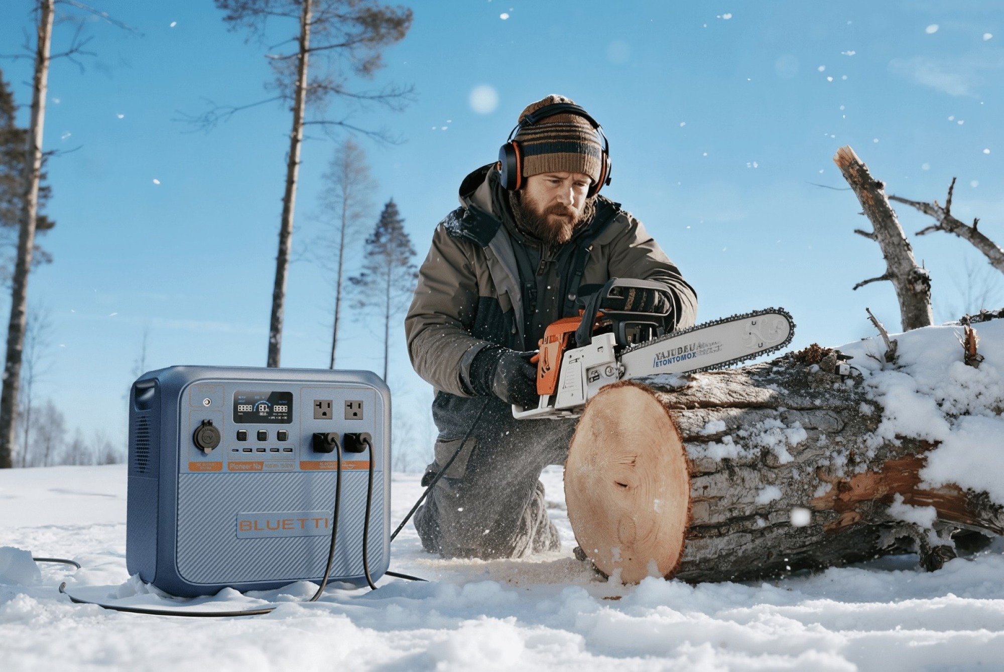 Seseorang menggunakan gergaji mesin yang ditenagai oleh Bluetti Pioneer Na Portable Station Portabel